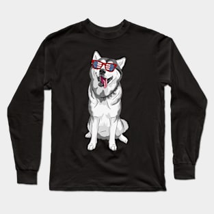 Patriotic Siberian Husky With America Flag Sunglasses 4Th Of July Long Sleeve T-Shirt